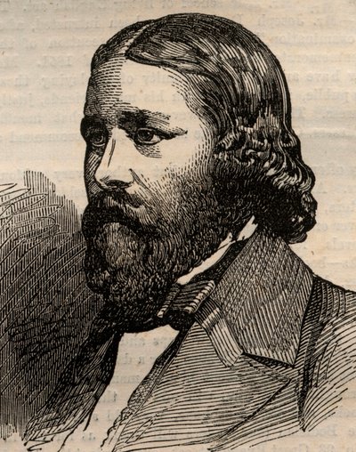 Amerikkalaisen runoilijan James Russell Lowellin (1819-1891) muotokuva. Kaiverrus 20. maaliskuuta 1858 julkaistuun kuvitettuun London News -lehteen. tekijältä Unknown artist