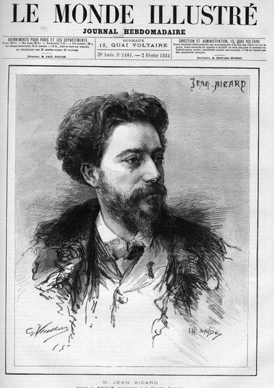 Ranskalaisen kirjailijan Jean Aicardin (1848-1921) muotokuva. Kaiverrus "" Kuvitettu maailma"" tekijältä Unknown artist