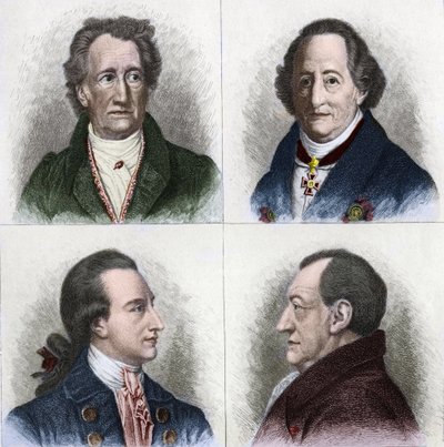 Saksalaisen kirjailijan Johann Wolfgang Goethen (1749 - 1832) muotokuva on eri ikäisiä. Kaiverrus 1800-luvulta. tekijältä Unknown artist