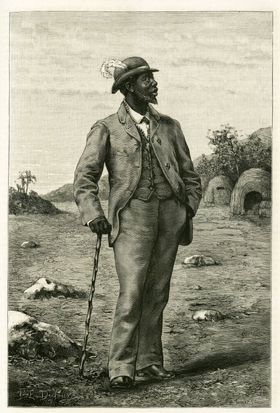 Muotokuva Zambezen (nykyinen Etelä-Afrikka) kuningas Sepopo, pukeutunut eurooppalaiseen tyyliin, kaiverrus P. Dufour havainnollistamaan tarinaa "Au pays des Marutses", vuosina 1875-1879, kirjoittaja tohtori Emile Holub (1847- 1902). Julkaistu Tour du monde tekijältä Unknown artist