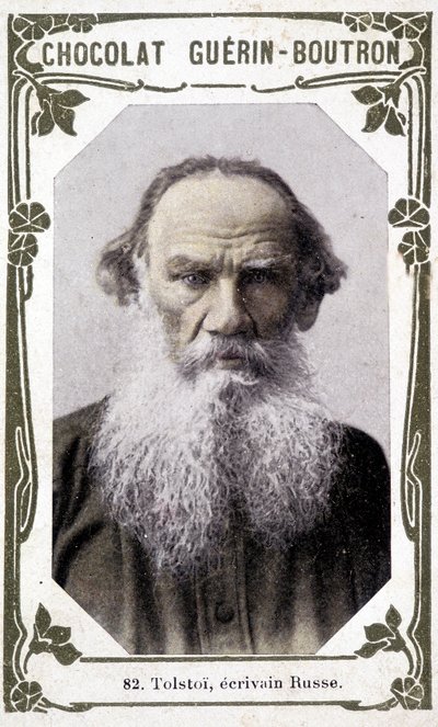 Lev Nikolajevitš, kreivi Tolstoi (Leo Tolstoi), venäläisen kirjailijan (1828-1910) muotokuva. Vinjetti suklaata Guérin - Boutron tekijältä Unknown artist
