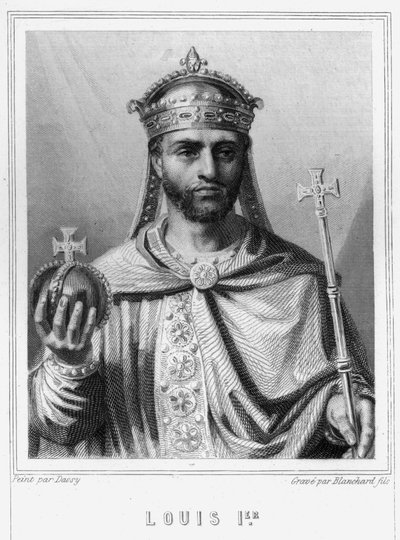 Ludvig I hurskaan eli Debonnairen (778 - 840), lännen keisarin muotokuva - Lavalléen "Histoire des Français" -kirjassa, kaiverrus, sd. tekijältä Unknown artist