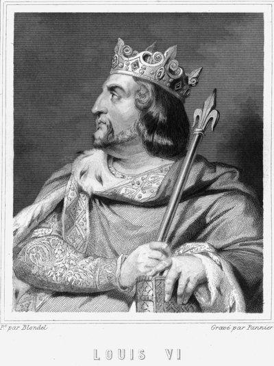 Ludvig VI le Grosin (1081 - 1137), Ranskan kuninkaan muotokuva - Lavalléen "Histoire des Français" -kirjassa, kaiverrus, sd. tekijältä Unknown artist