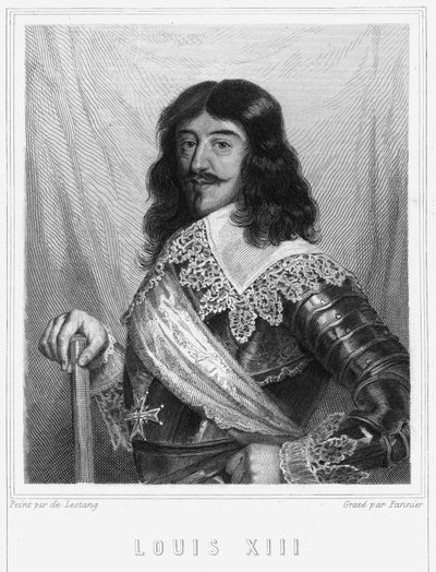 Ludvig XIII:n (1601 - 1643), Ranskan kuninkaan muotokuva - Lavalléen "" Histoire des Français" -kirjassa, kaiverrus, sd. tekijältä Unknown artist