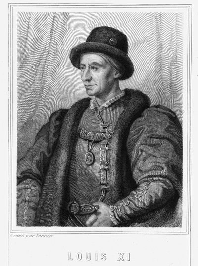 Ludvig XI:n (1423 - 1483), Ranskan kuninkaan muotokuva - Lavalléen "Histoire des Français", kaiverrus, sd. tekijältä Unknown artist