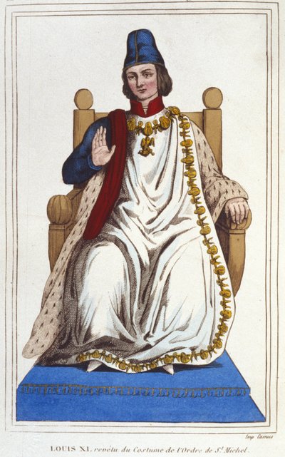 Ludvig XI:n muotokuva Pyhän Michelin ritarikunnan puvussa (1423 - 1483). kaiverrus vuodelta 1830 tekijältä Unknown artist