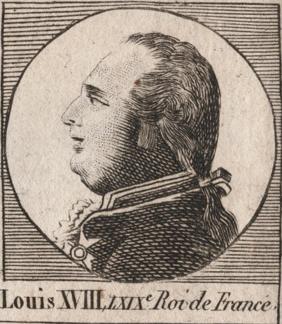 Ludvig XVIII:n (1755-1824) muotokuva, lempinimeltään Desire, Ranskan ja Navarran kuningas 1814-1815 ja 1815-1824 - Ludvig XVIII, joka tunnetaan nimellä Desired, Ranskan kuningas - kaiverrus kirjasta "Instruction sur l