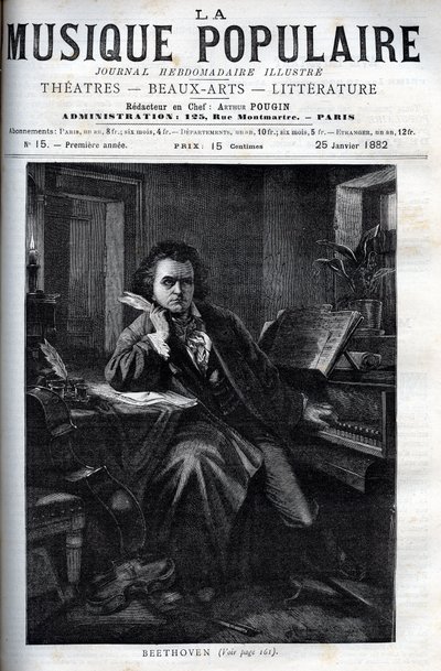 Ludwig van Beethovenin (1770-1827), saksalaisen säveltäjän ja pianistin muotokuva - kaiverrus maineikkaaseen viikkolehteen "" La musique populaire"" - 1882 tekijältä Unknown artist