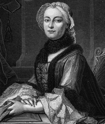 Madame Geoffrinin muotokuva, s. Marie Therese (Marie-Therese) Rodet (1699-1777) - Kaiverrus vuodelta 1862 ensimmäisten kirjoittajiemme teokseen "Maailman kuningattaret", kirja julkaistiin Jean Germain Desire Armandaudin johdolla. tekijältä Unknown artist