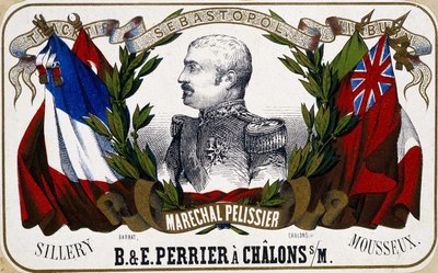 Maréchal Pelissierin muotokuva samppanjaetiketissä ""B. & E. Perrier à Chalôns sur Marne", sd. 1800-luvulla. tekijältä Unknown artist