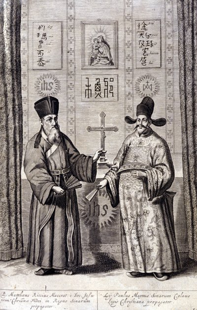 Matteo Riccin (vas.), italialaisen jesuiitta ja Paul Lyn, suuren kristillisen uskon levittäjän Kiinassa muotokuva, Athanasius Kircherin (1601 - 1680), jesuiitta, orientalisti ja saksalainen tutkija, kaiverrus "De China monumenta", Amsterdam 1667. tekijältä Unknown artist