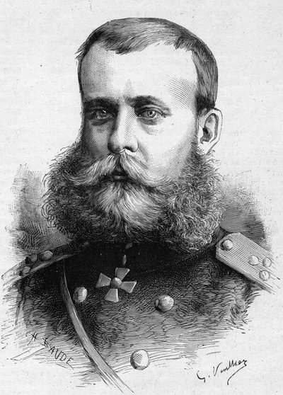 Muotokuva Mihail Dmitrievich Skobeleff (kenraali Skobeleff tai Skobelev) (1843-1882), Venäjän armeija. Kaiverrus "" Le Monde Illustré" -julkaisussa nro 1301, 4. maaliskuuta tekijältä Unknown artist
