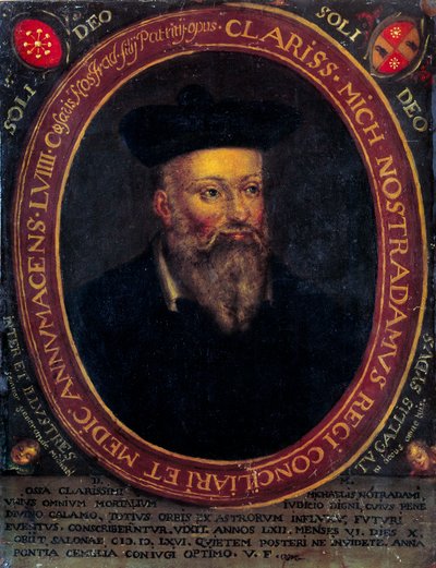 Nostradamuksen muotokuva, Michel de Notre Dame (1503 - 1566), ranskalainen astrologi ja lääkäri. Kuparikaiverrus tekijältä Unknown artist