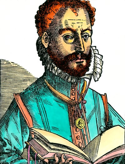 Orlandus Lassuksen (1531-1594) muotokuva ranskalais-belgialaisen koulun muusikosta, jolla on avoin kirja (valkoiset sivut). Kaiverrus 1500-luvulta. Coll. Älä viitsi. tekijältä Unknown artist