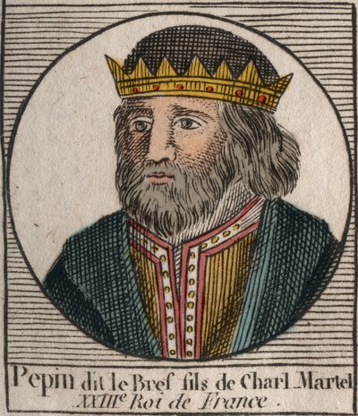 Muotokuva: Pepin III dit Pepin le Brief (714-768) Ranskan kuningas - Pepin III (714-768) (Pepin Lyhyt) frankkien kuningas - kaiverrus Charles Constant Le Tellierin "Instruction sur l