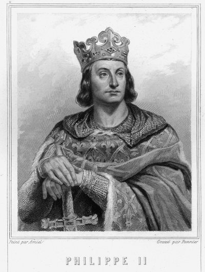 Muotokuva Philip II:sta sanoi Philippe Auguste (1165-1223), Ranskan kuningas - Lavalléen "Histoire des Français" -kirjassa, kaiverrus, sd. tekijältä Unknown artist