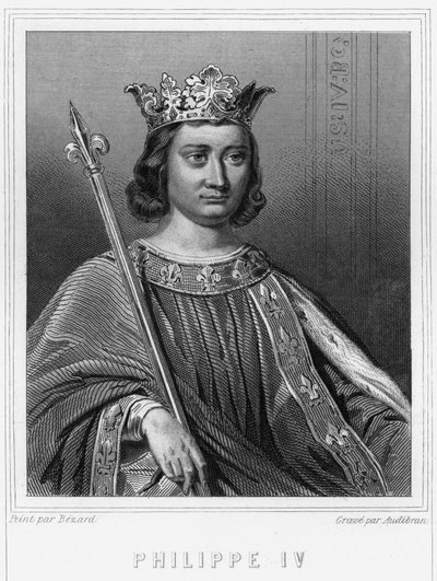 Muotokuva Philip IV Belistä (1268 - 1314), Ranskan kuningas - Lavalléen "Histoire des Français" -kirjassa, kaiverrus, sd. tekijältä Unknown artist