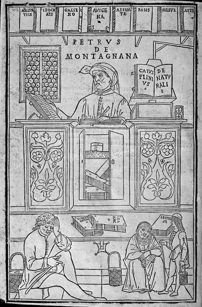 Padovalaisen lääketieteen opettajan Pietro da Montagnanan muotokuva kreikkalaisten ja arabialaisten lääketieteellisten kirjojen ympäröimänä ja kolme potilasta, jotka odottavat virtsatutkimusta. tekijältä Unknown artist