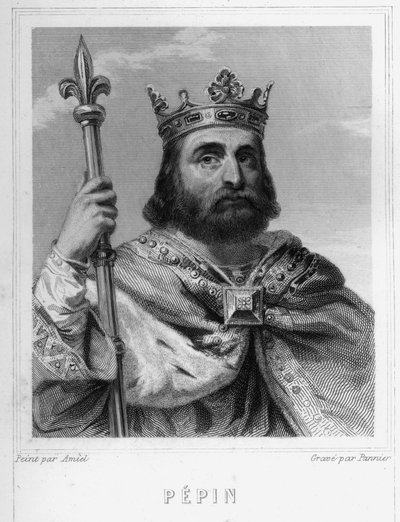 Muotokuva Pépin le Briefistä (s. 714 - 768), frangien kuninkaan, ensimmäisen Karolingien joukossa - Lavalléen "Histoire des Français" -kirjassa, kaiverrus, sd. tekijältä Unknown artist