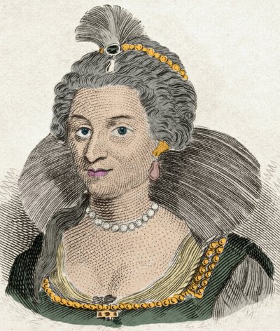 Muotokuva Tanskan kuningatar Annesta Englannin kuningatar (1574-1619), Englannin kuninkaan James I:n (1566-1625) vaimo. Kaiverrus 1800-luvulta tekijältä Unknown artist