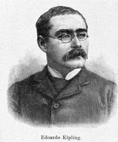 Rudyard Kiplingin (1865-1936), brittiläisen kirjailijan ja runoilijan muotokuva, kaiverrus 1800-luvulta. tekijältä Unknown artist