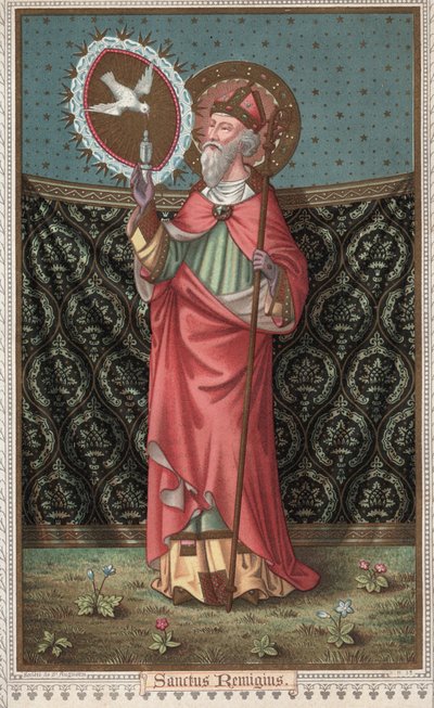 Pyhän Remin (437-533) muotokuva (Saint Remigius, Remy Remigio) Pyhän Hengen kyyhkysen (Pyhä Henki) vierailu. 1800-luvun lopun kromolitografia. tekijältä Unknown artist