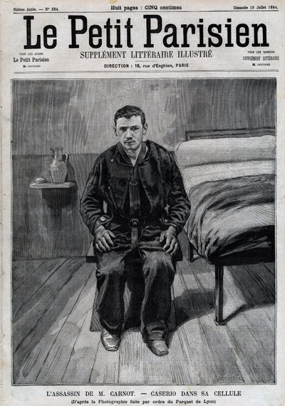 Muotokuva Sante Caseriosta (1873-1894), italialainen anarkisti, Sadi Carnotin salamurhaaja vankilassa. Kaiverrus kirjassa "" Le Parisien"" tekijältä Unknown artist
