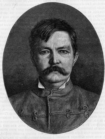 Sir Henry Morton Stanleyn muotokuva, brittiläisen tutkimusmatkailijan ja toimittajan John Rowlandsin (1841-1904) salanimi. Kaiverrus "" Le Journal de la jeunesse "" tekijältä Unknown artist