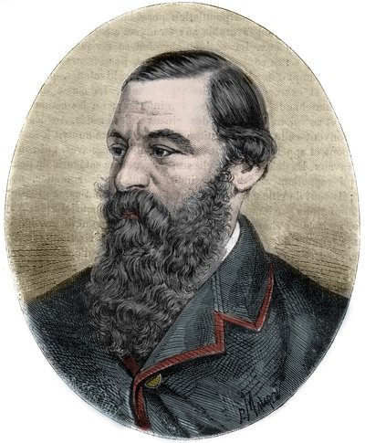 Muotokuva Sir Samuel Bakerista (1821-1893) kaiverruksesta "Picturesque Histoire des grands voyages au 19th century"". 1877 tekijältä Unknown artist