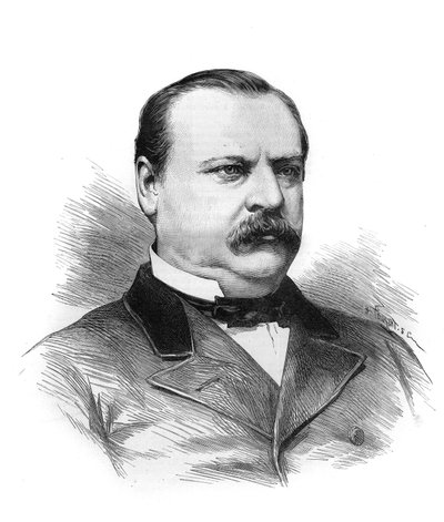 Muotokuva Stephen Grover Clevelandista (1837-1908), jonka osavaltioiden edustajat suunnittelivat Yhdysvaltain tasavallan presidentiksi. Kaiverrus "" Le Monde Illustré" -kirjassa tekijältä Unknown artist