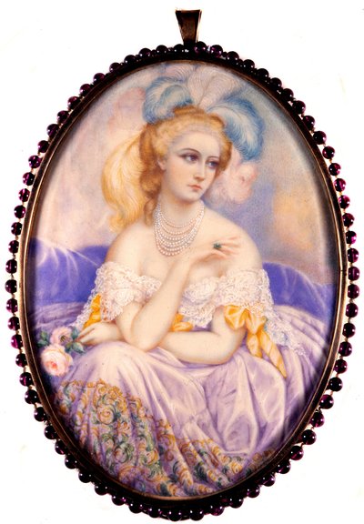 Muotokuva Castiglionen kreivitärestä (1837-1899) (Virginia Elisabetta Luisa Carlotta Antonietta Teresa Maria Oldoini). Miniatyyri norsunluun päällä. . tekijältä Unknown artist