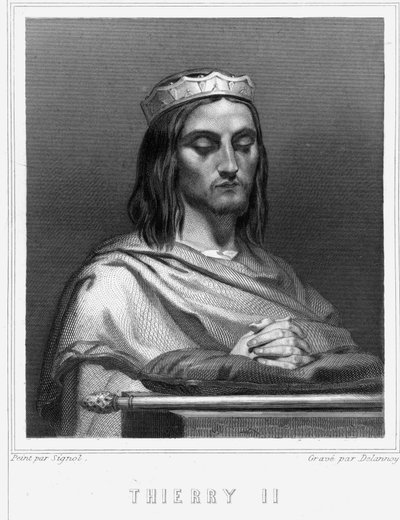 Muotokuva Thierry II:sta (? - 613), Burgundin ja Austrasien kuninkaasta - Lavalléen "Histoire des Français" -kirjassa, kaiverrus, sd. tekijältä Unknown artist