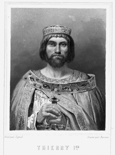 Muotokuva Thierry I:stä (? - 533), Austraasian kuninkaasta - Lavalléen "" Histoire des Français" -kirjassa, kaiverrus, sd. tekijältä Unknown artist