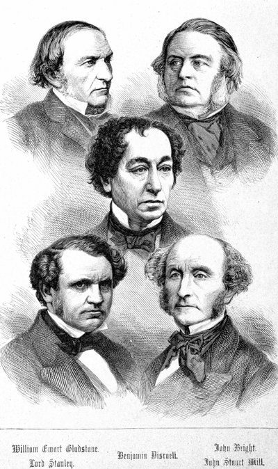Muotokuva William Ewart Gladstonesta, John Brightista, Lord Stanleystä, John Stuart Millistä ja Benjamin Disraelista - elokuvassa The Contemporains, n.d. 1800-luvun lopulla. tekijältä Unknown artist