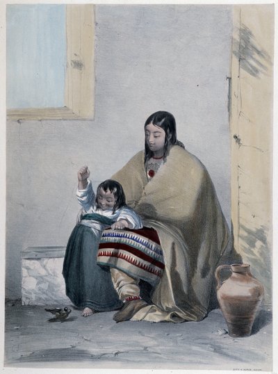 Muotokuva kanadalaisen intiaanien huronista lapsensa kanssa - Coke Smyth, Lontoo "" Shythin luonnoksissa Kanadassa" tekijältä Unknown artist
