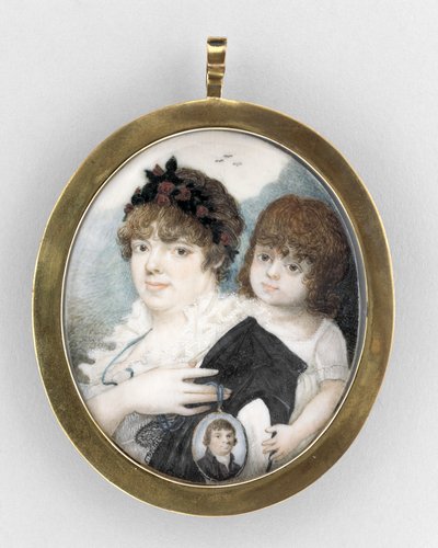Äidin ja lapsen muotokuva, n. 1810-20 (akvarelli norsunluulle, kullattu kupari ja lasi) tekijältä Unknown artist
