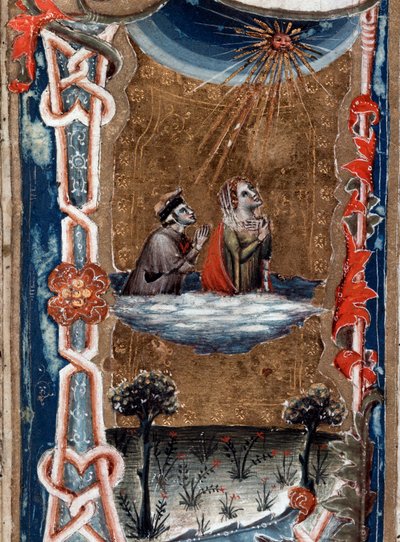 Italialaisen runoilijan Dante Alighierin muotokuva Beatricen kanssa jumalaisessa komediassa - miniatyyri tekijältä Unknown artist