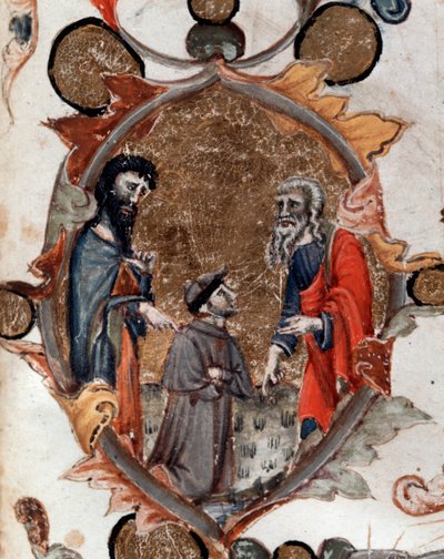 Italialaisen runoilijan Dante Alighierin muotokuva Vergiliusin ja Charonin kanssa jumalaisessa komediassa - miniatyyri tekijältä Unknown artist