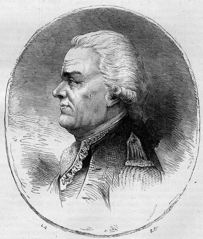 Muotokuva Grassen kreivistä (Francois Joseph Paul, Marquis de Grasse Tilly) (1722-1788), Ranskan amiraali, joka osallistui Amerikan vapaussotaan (1775-1783). Kaiverrus vuodelta 1881. tekijältä Unknown artist