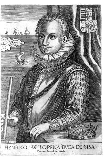 Guisen herttuan muotokuva (Henry I Lorrainesta, joka tunnetaan nimellä Scalafre (1550 - 1588)). Kaiverrus 1600-luvulta. tekijältä Unknown artist