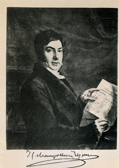 Ranskalaisen egyptiologi Jean Francois (Jean-Francois) Champollionin (1790-1832) muotokuva. Kaiverrus 1800-luvulta tekijältä Unknown artist
