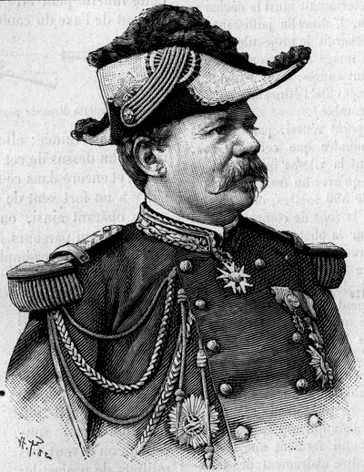 Ranskalaisen kenraalin Francois Perrierin (1833-1888) muotokuva. Kaiverrus "" Luontoon: katsaus tieteisiin ja niiden sovelluksiin taiteeseen ja teollisuuteen" 3. maaliskuuta tekijältä Unknown artist