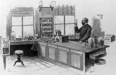 Muotokuva saksalaisesta lääkäristä Robert Kochista (1843-1910) laboratoriossa. tekijältä Unknown artist