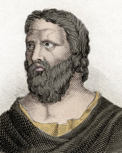 Muotokuva kreikkalaisesta filosofista Herakleiteesta Efesolainen (576-480 eKr.) (Herakleitos Efesosta). Kaiverrus 1800-luvulta. tekijältä Unknown artist