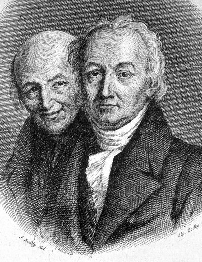 Muotokuva Hauyn veljeksistä: Abbe Rene Just Hauy (1743 - 1822), ranskalainen mineralogi ja Valentin Hauy (1745 - 1822), ranskalainen pedagogi - teoksessa "" Les Contemporains", n.d. 1800-luvun loppu. tekijältä Unknown artist