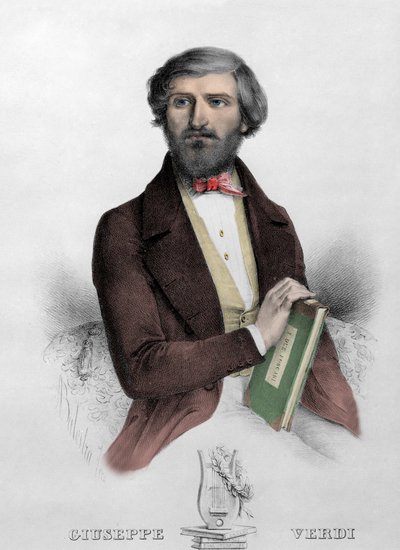 Muotokuva italialaisesta säveltäjästä Giuseppe Verdistä (1813 - 1901) partituurilla ”” i Due Foscari”” Kaiverrus vuodelta 1844. tekijältä Unknown artist