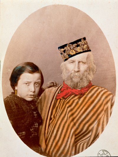 Muotokuva italialaisesta patriootista ja Risorgimento Giuseppe Garibaldin (1807-1882) sankareista tyttärensä Clelia (1867-1959), kolmannen vaimonsa Francesca Armosinon tyttären kanssa tekijältä Unknown artist