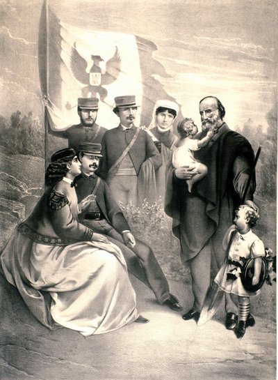 Italian patriootin ja Risorgimenton sankareiden muotokuva Giuseppe Garibaldi (1807-1882) ympäröi hänen lapsiaan Menotti, Ricciotti seisomassa ja Teresita, Francesca Armosino ja pikku Manlio ja Clelia. Kuvitus noin 1870. Yksityinen kokoelma tekijältä Unknown artist