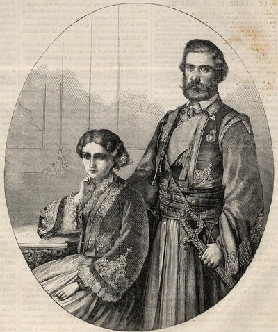 Muotokuva Serbian prinssistä Mikael III:sta (1823-1868) ja prinsessa Juliesta (1831-1919). Kaiverrus "" L
