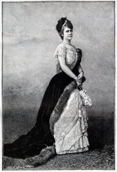 Muotokuva Romanian kuningattaresta Elisabeth Pauline Ottilie Louise de Wiedistä, joka tunnetaan nimellä Carmen Sylva (1843-1916), kuningas Kaarle I:n vaimo - Kaiverrus vuodelta 1893 - Elizabeth of Wied, Romania, 1800-luvun loppu - 1900-luvun alku - Elizabe tekijältä Unknown artist